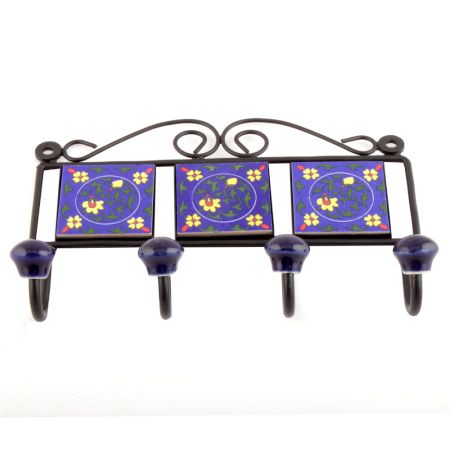 Navy Blue Yellow Floral Tiles Hooks